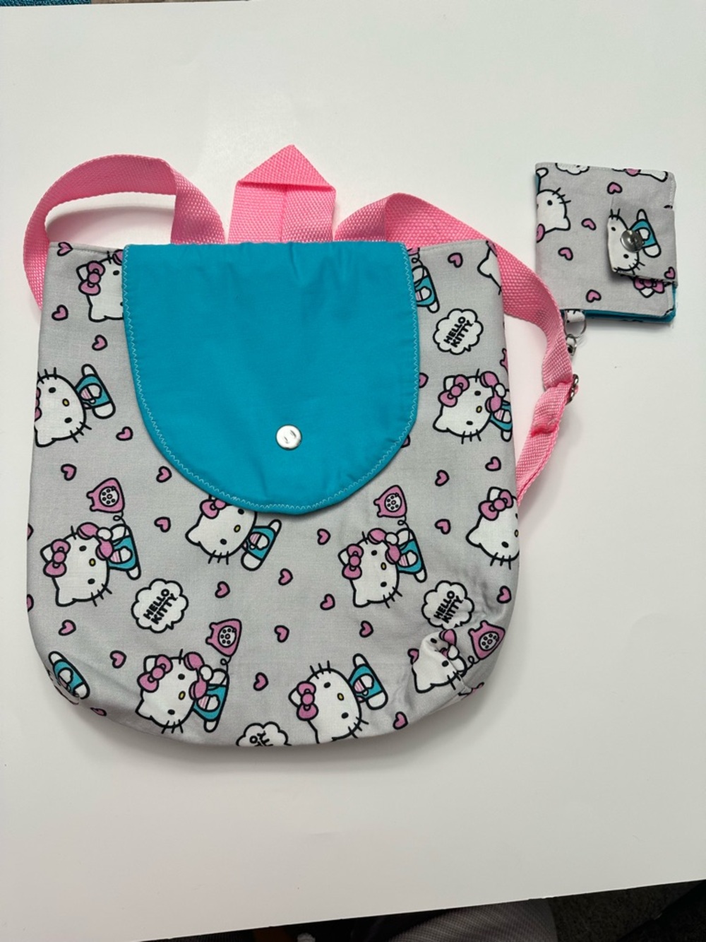 Hello Kitty Inspired Kids Backpack with Teal Flap and Pink Straps